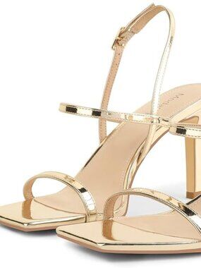 Open Toe Strappy Square-Toe Gold High Heel Sandals | Women's 7.5